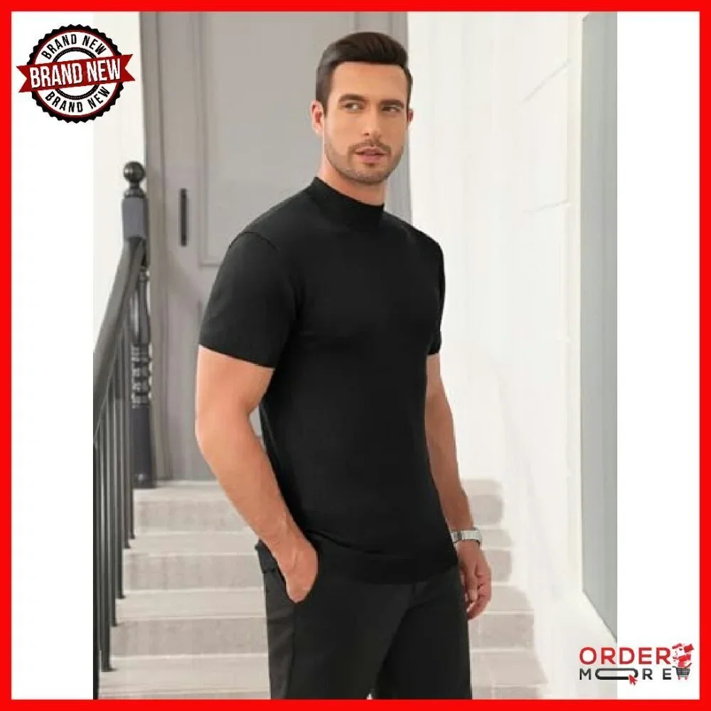 Men's Mock Turtleneck Short Sleeve Knit Pullover Sweater Casual Basic Tee